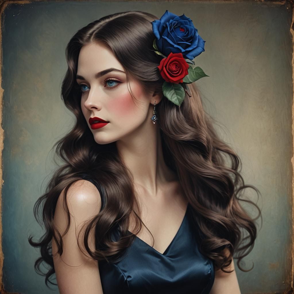 Portrait of a Beautiful Vintage Woman with Blue Rose