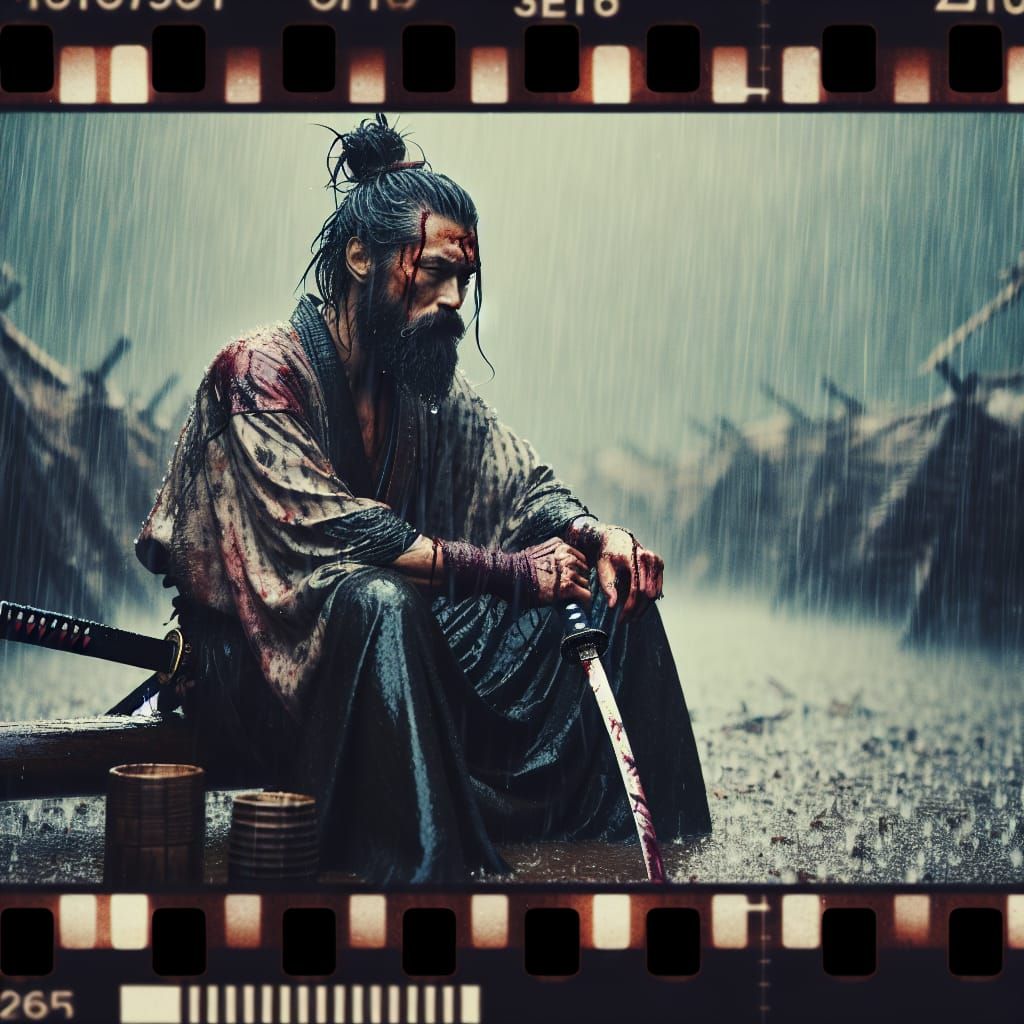 Samurai Warrior in Rain: Cinematic Film Still