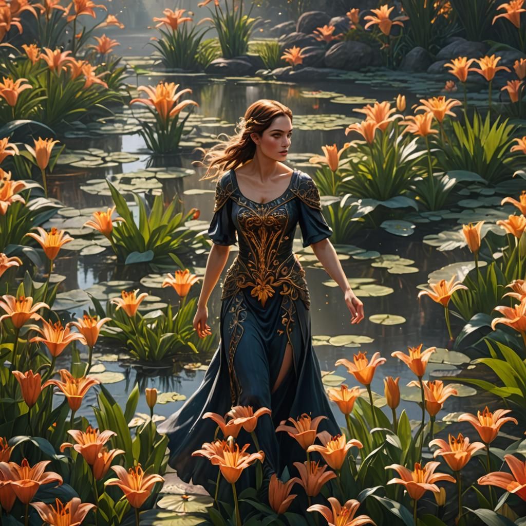 Woman Walks Among Lilies in a Fantasy Landscape