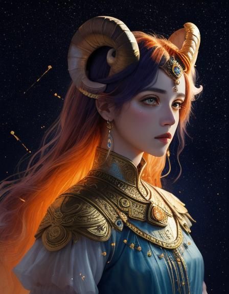 Woman as Aries Double Exposure in Watercolor