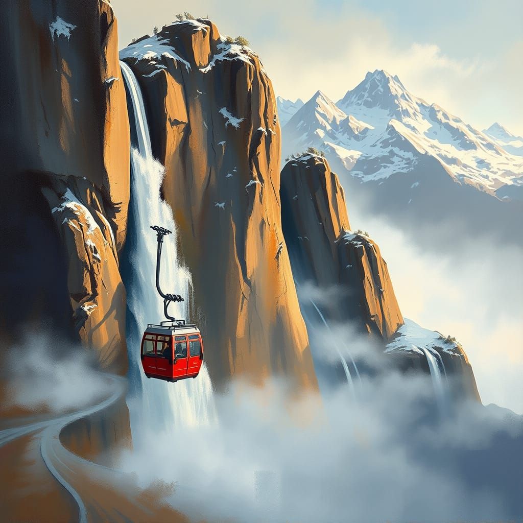 Whimsical Cable Car in Swiss Alps Impressionist Oil Painting