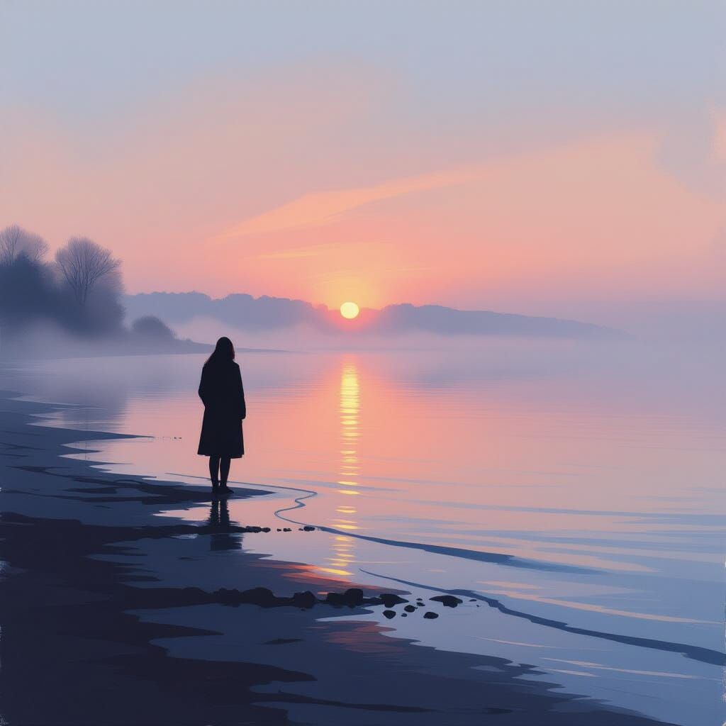 Solitary Figure on Misty Shore at Dawn in Impressionist Styl...