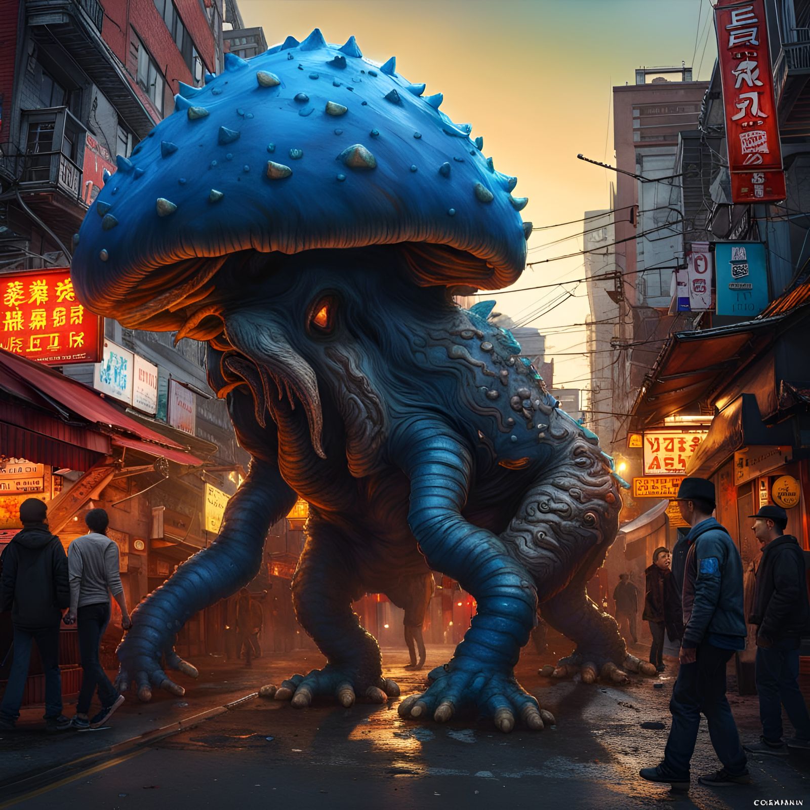 Gigantic Blue Mushroom Kaiju Walks Through Chinatown