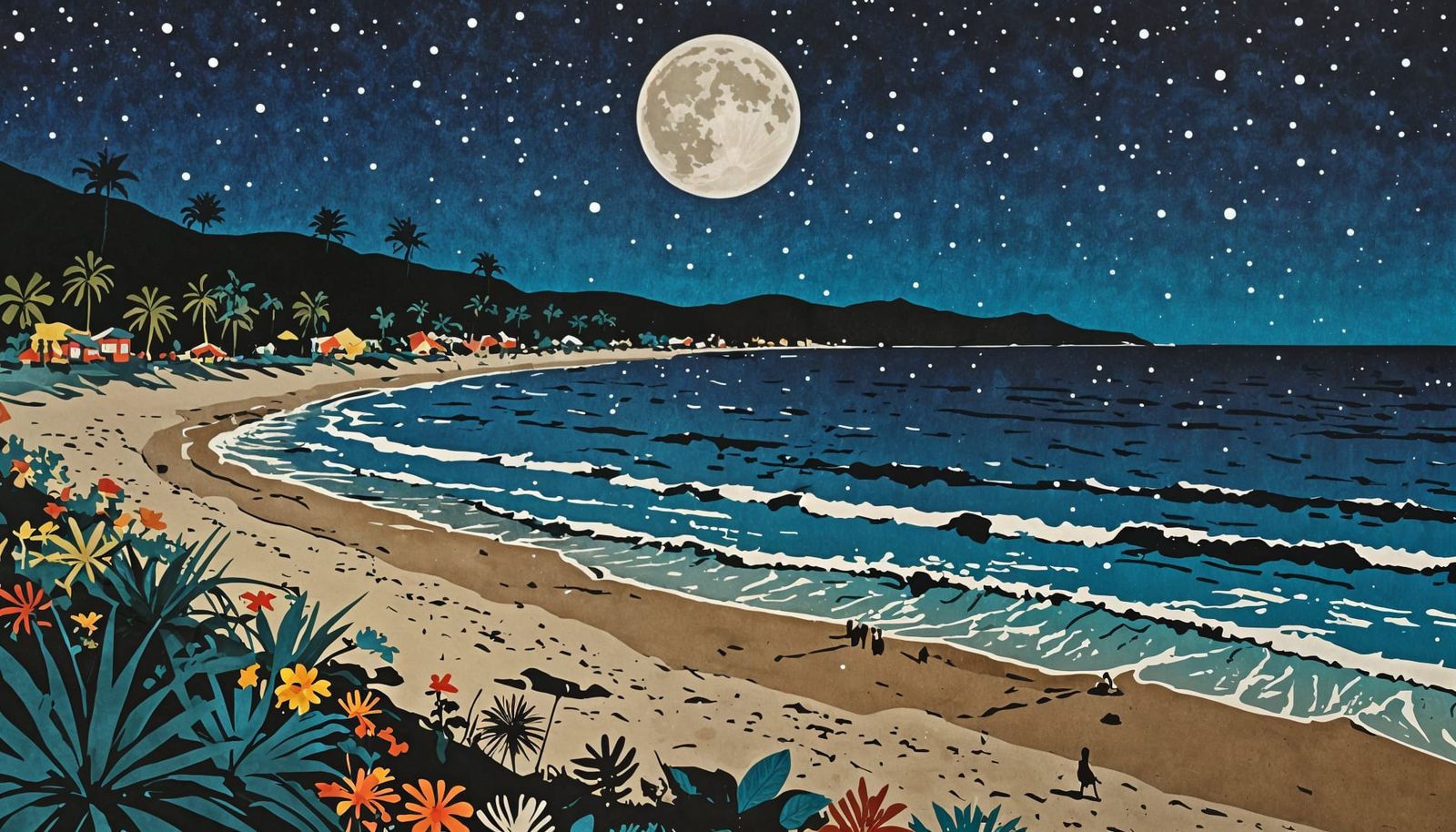 Paper Collage of a Night Beach Scene
