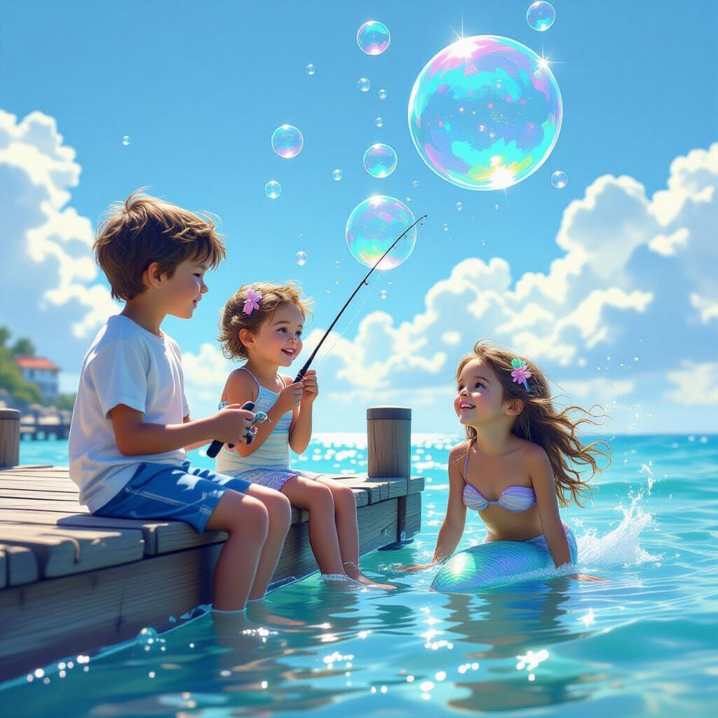 Mermaid Girls Playing Under Pier, Hyperdetailed Portrait