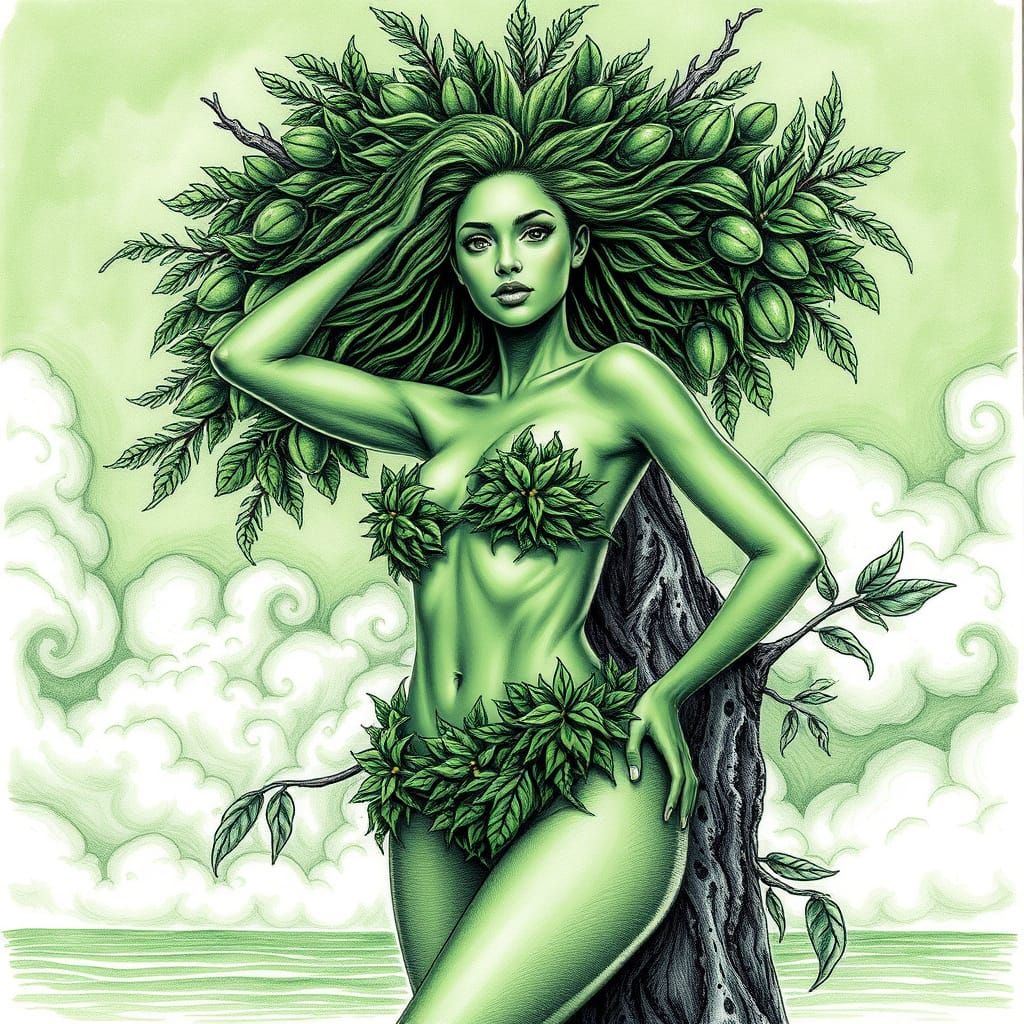 Green Skinned Woman in Foliage Bikini Poses by Nut Tree