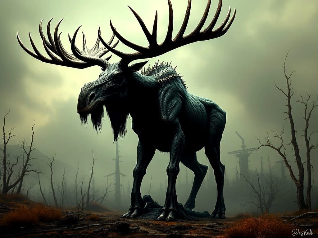 Eerie Dark Fantasy Art of a Wendigo Moose in a Haunting Wast...