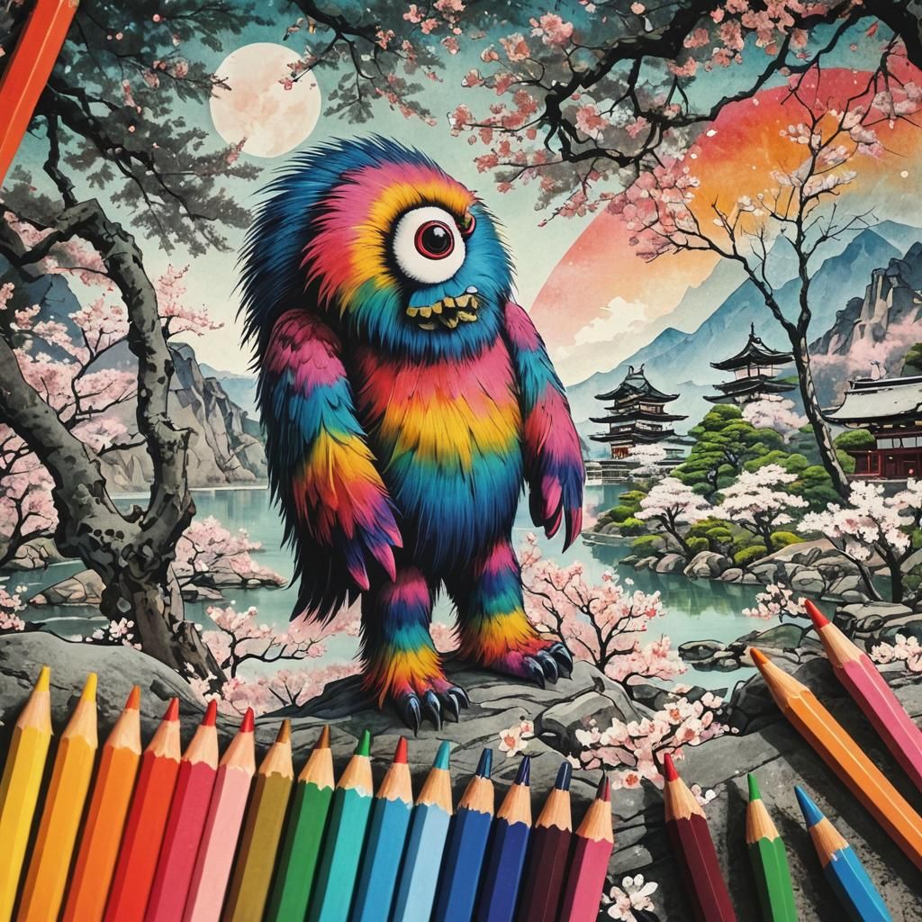 Sakura Tree by Lake in Abstract Style