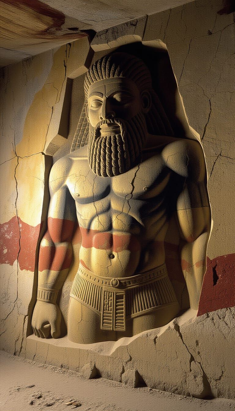 Ancient Titan Emerging from Cave Wall in Charcoal and Iron O...