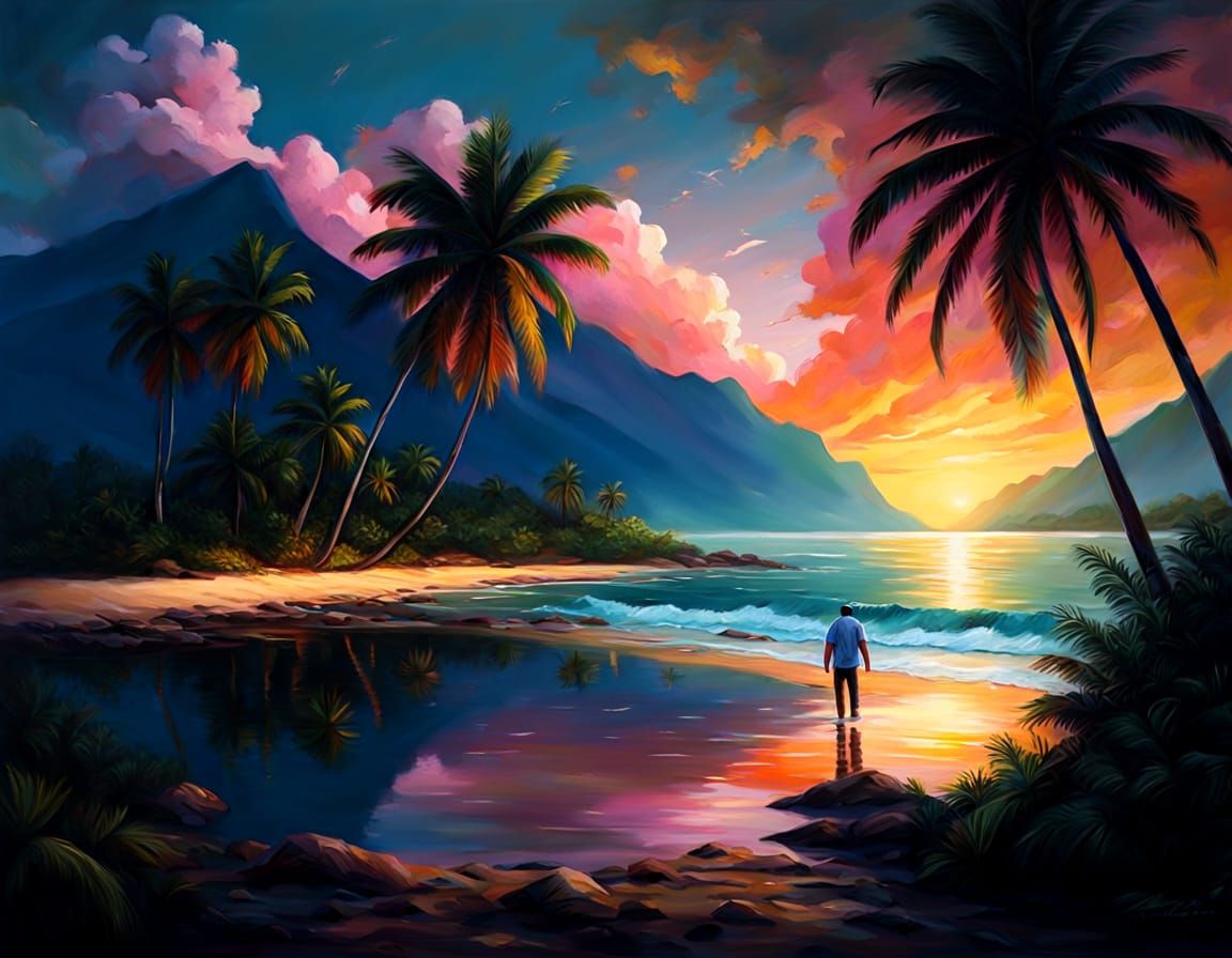 Golden Sunset on Coconut Beach as Oil Painting