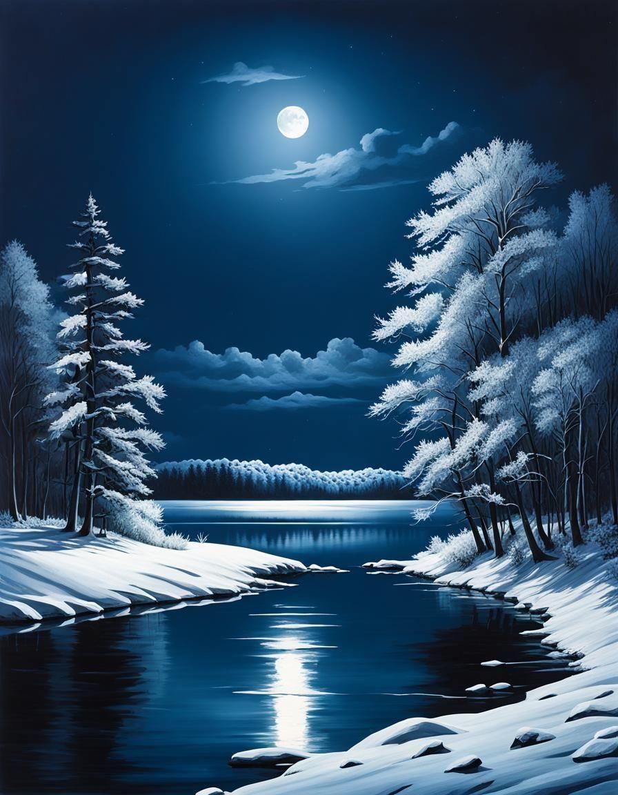 Hyperrealistic Dark Winter Sky Over Secluded Lake