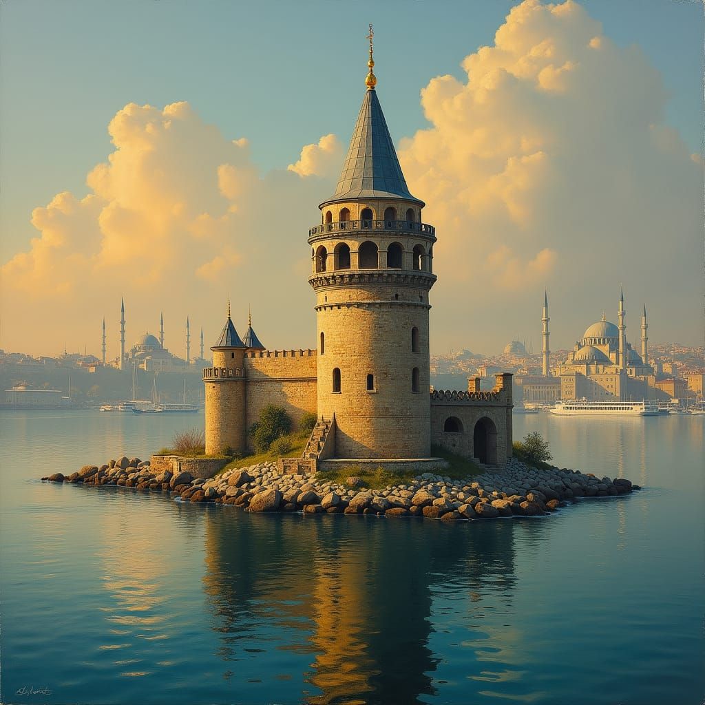 Mystical Maiden's Tower in Istanbul: Oil Painting