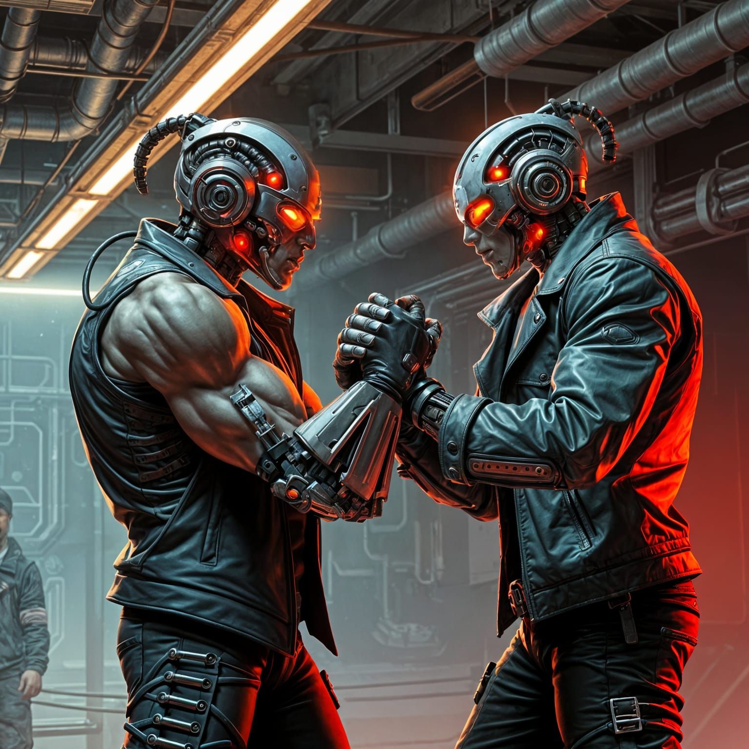 Cyborg Warriors Engage in Fierce Arm Wrestling
