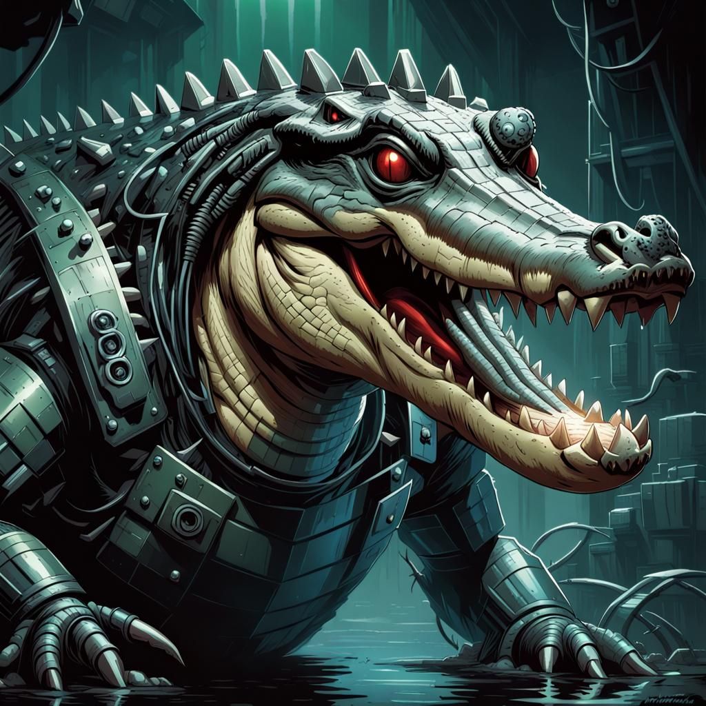 Villainous Cybernetic Crocodile in Comic Book Art