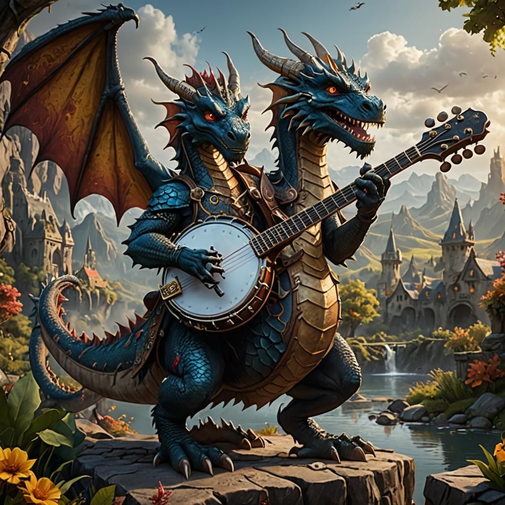 Two-Headed Dragon Plays Banjo in Detailed Painting