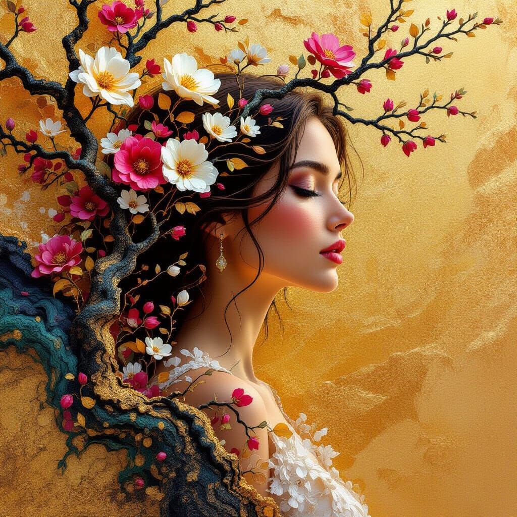 A captivating mixed-media artwork features a serene woman em...