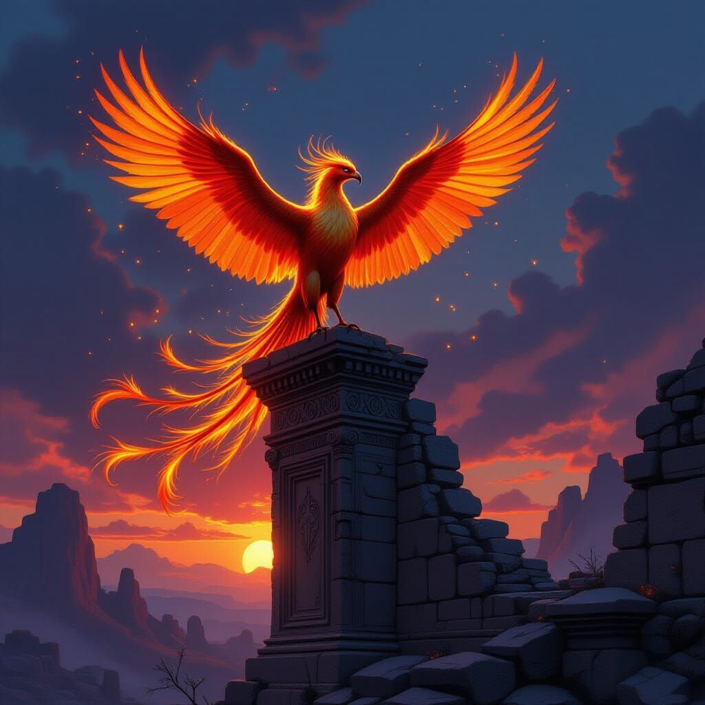 Majestic Phoenix Ablaze Atop Ancient Ruins