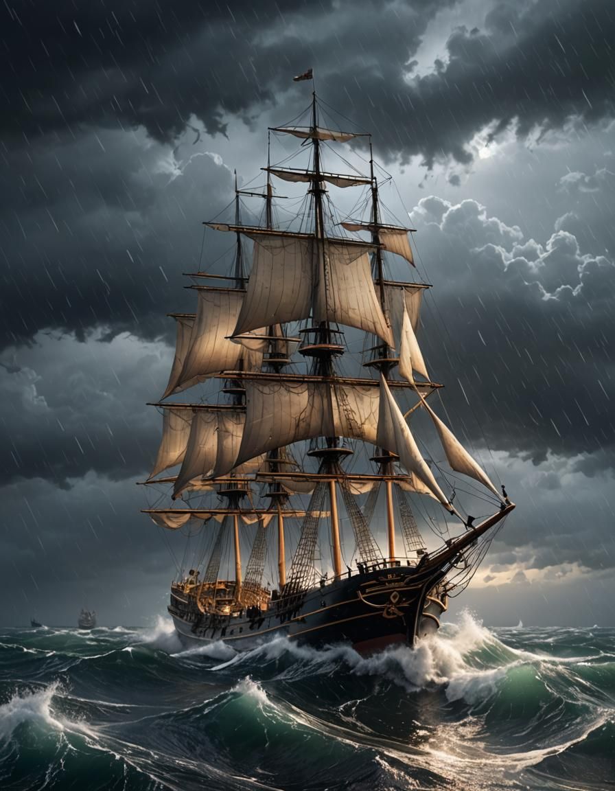 Sailing Ship Amidst Stormy Night Sea