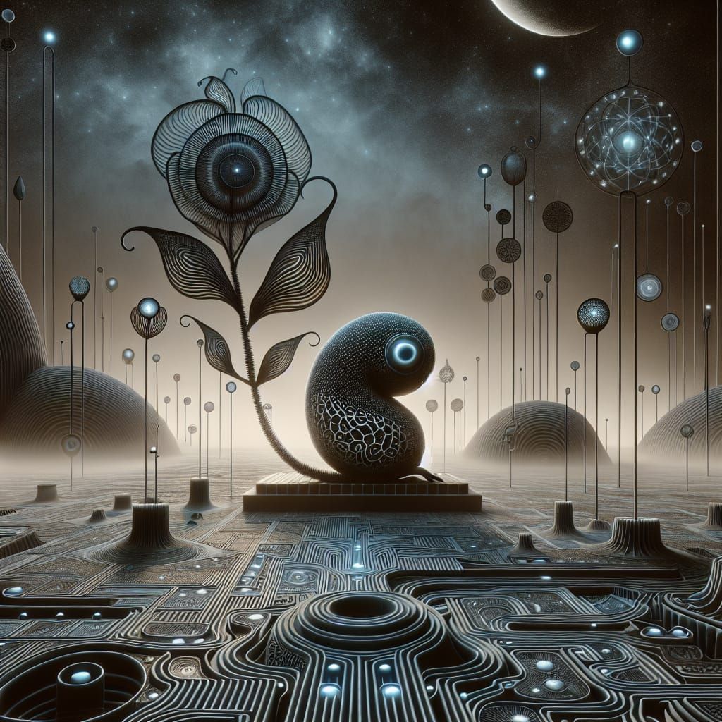 Whimsical Creature Overlooking Surreal Landscape at Dusk