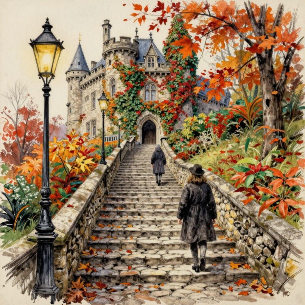 Autumn Cobblestone Staircase to Gothic Castle