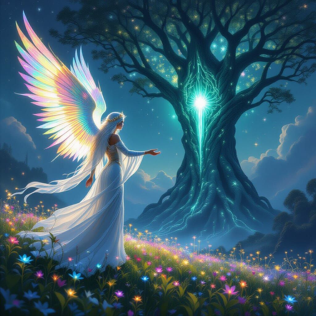 Ethereal Goddess Touches Bioluminescent Tree, Art Nouveau St...