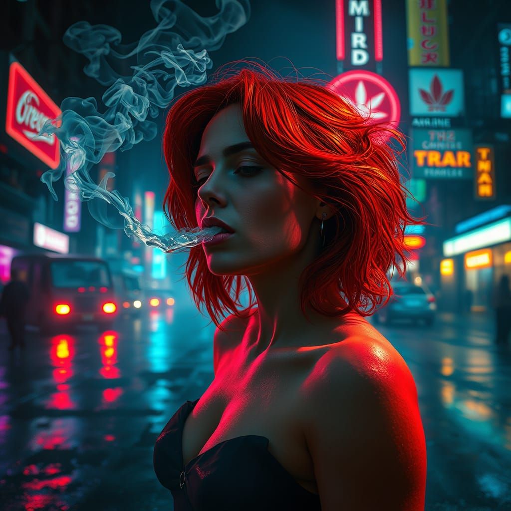Enchanting Neon Goddess Amidst Swirling Smoke and City Light...