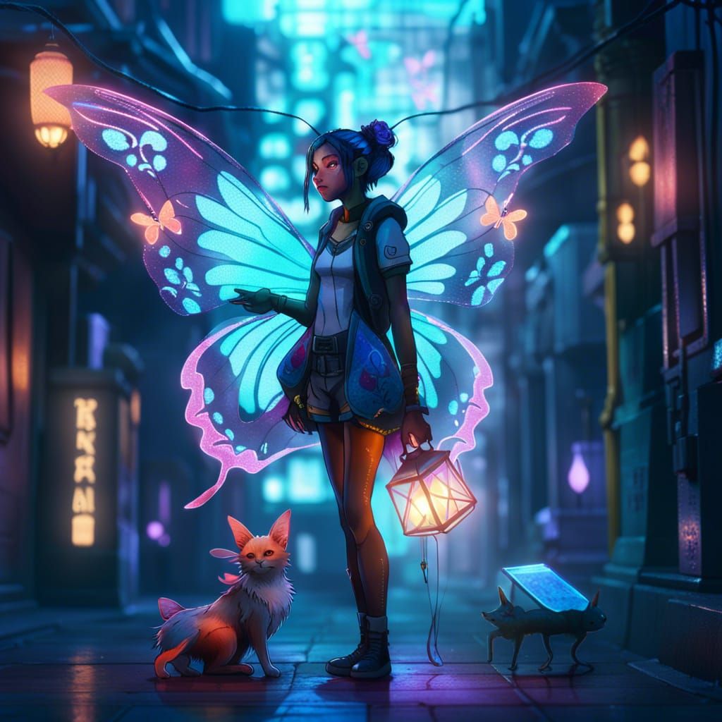 Cyberpunk Fairy with Neon Wings in Alleyway