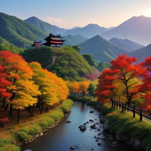 Classic Korean Landscape with Ancient Architecture