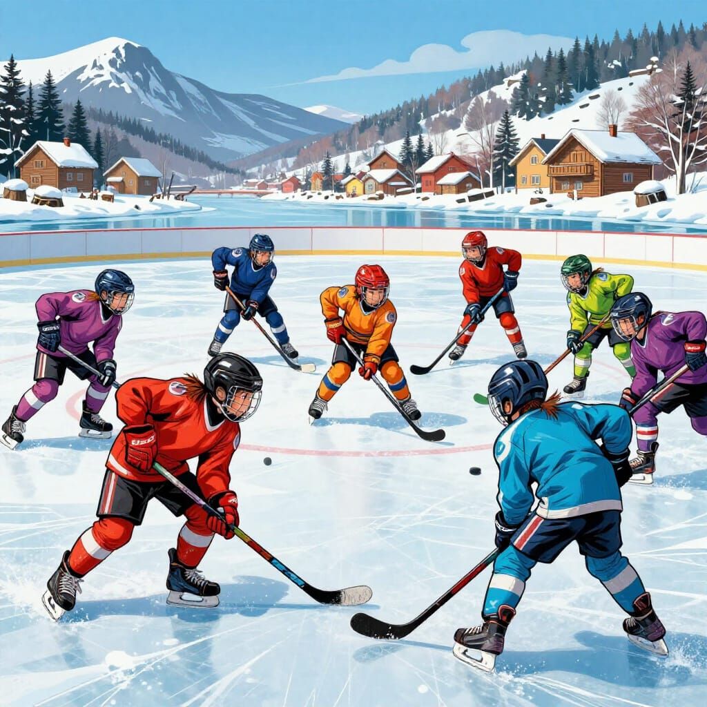 Children Play Energetic Ice Hockey Near Village