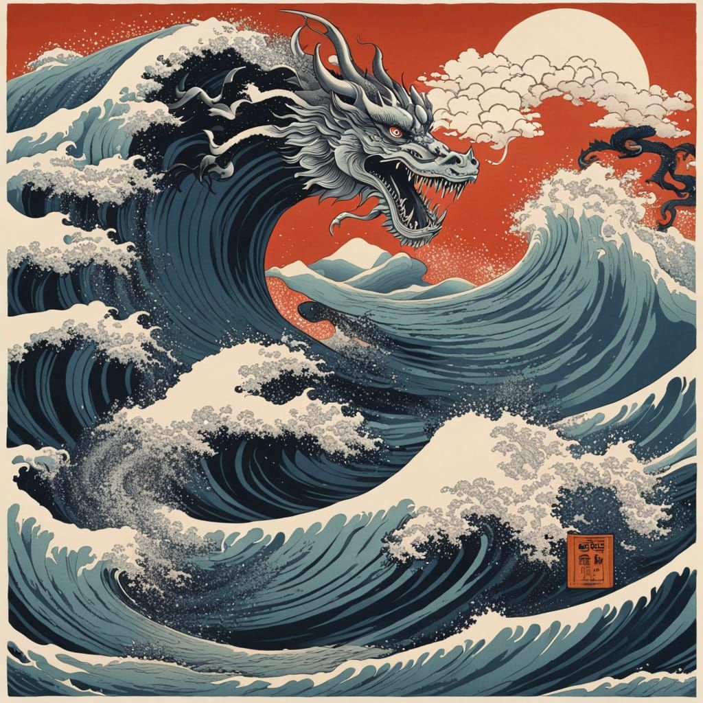 Japanese Dragon Leaps from Ocean: Ukiyo-e Style