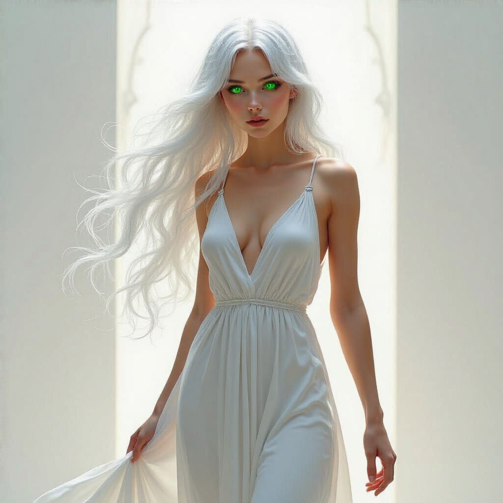 Ethereal Woman in White Dress, Art Nouveau Style