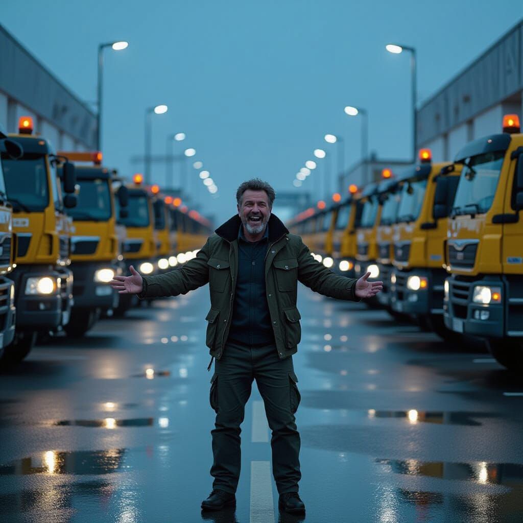 Man Greeted by Yellow Trucks in Parking Lot