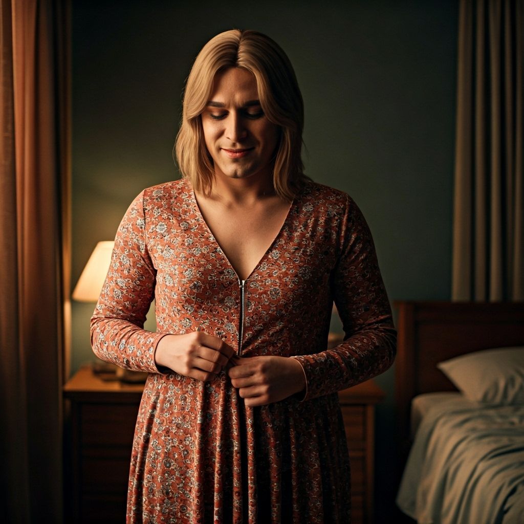 Mother Zips Dress on Blond Son in Cozy Bedroom