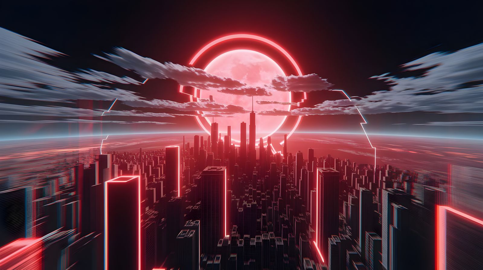 Ethereal TRON-Inspired Cityscape Under Glowing Red Neon Moon