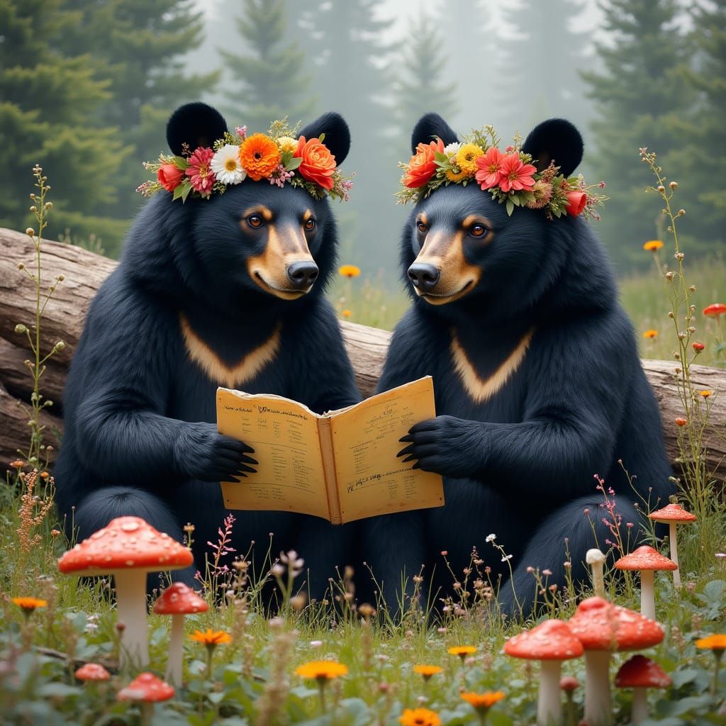 Majestic Black Bears in Wildflower Crowns Explore Lush Meado...