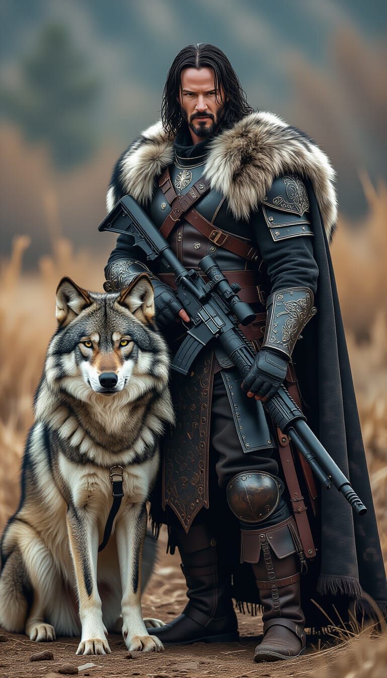 Fantasy Warrior and Wolf in Realistic Digital Art