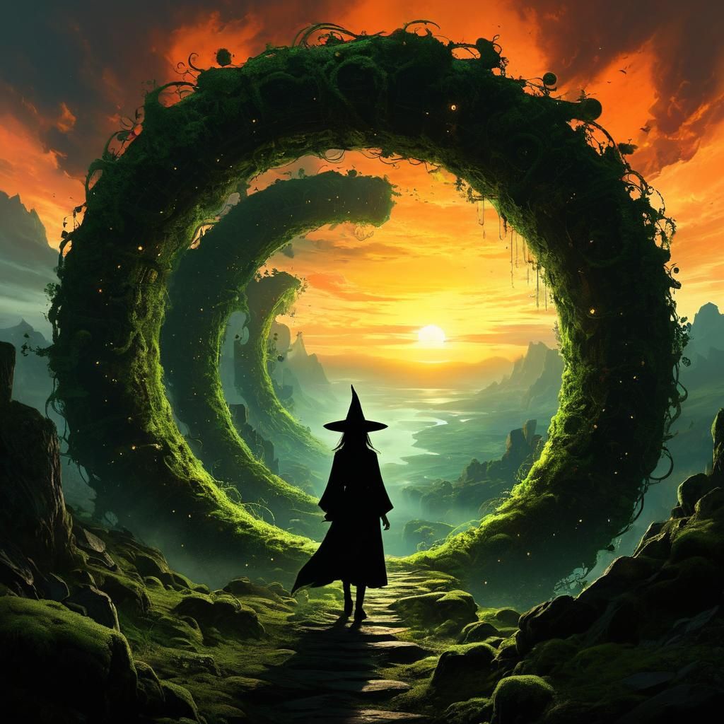 Witch Silhouette Before Spiraling Magic Portals