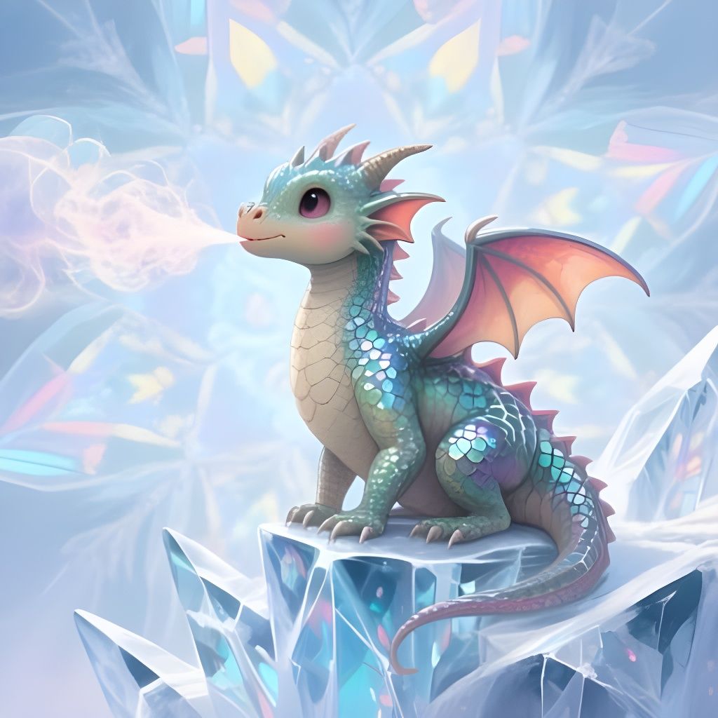 Adorable Ice Dragon on Geometrical Structure in Watercolor