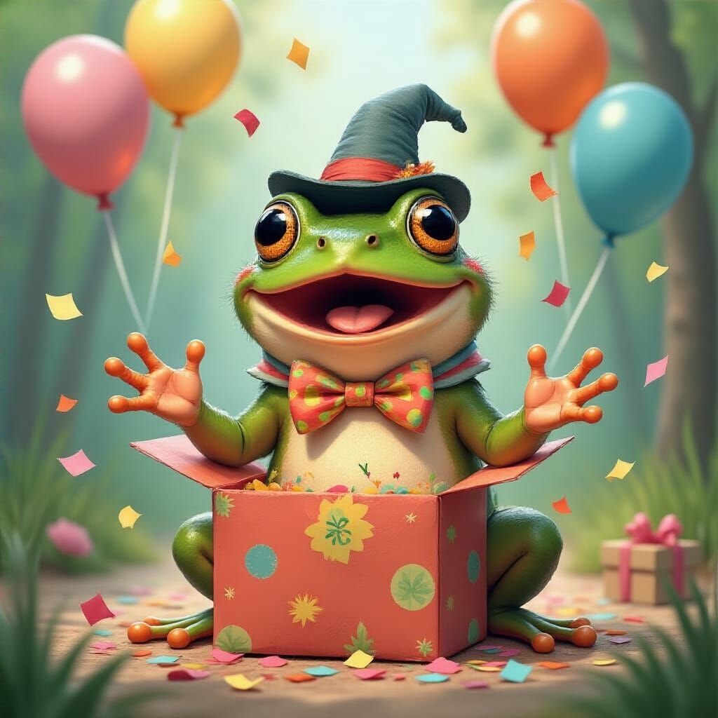 Delighted Frog Opens Gift in Beatrix Potter Style