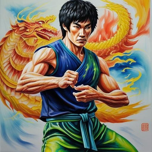 Bruce Lee Dragon Dance in Surrealist Expressionist Style