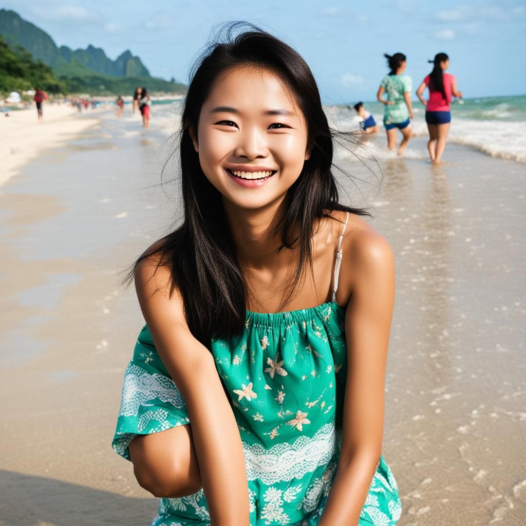Smiling Asian Woman on Beach in Bikini