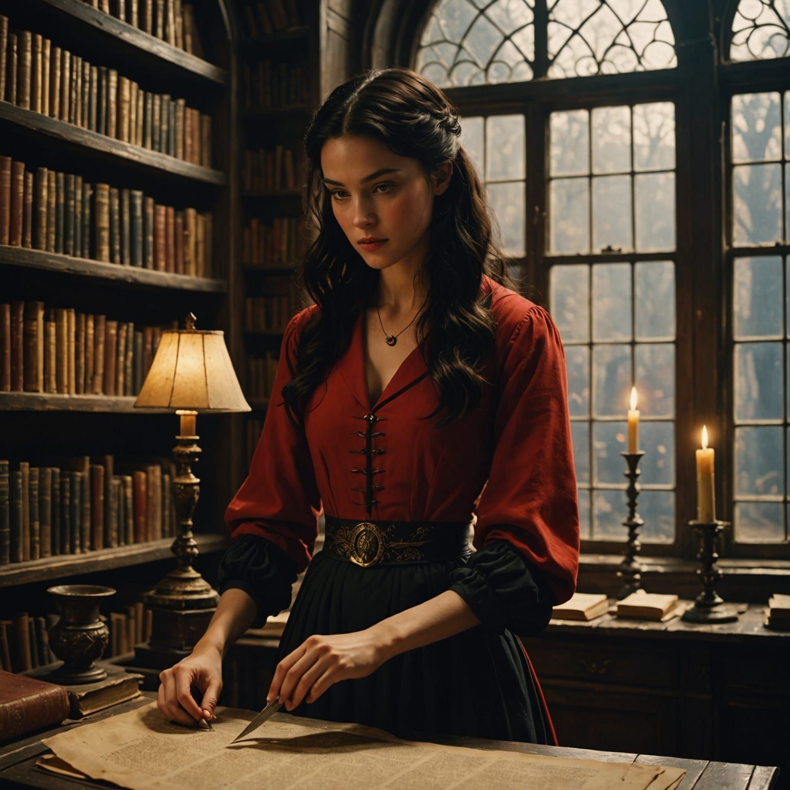 Girl in Red and Gold in Dusty Old Bookstore