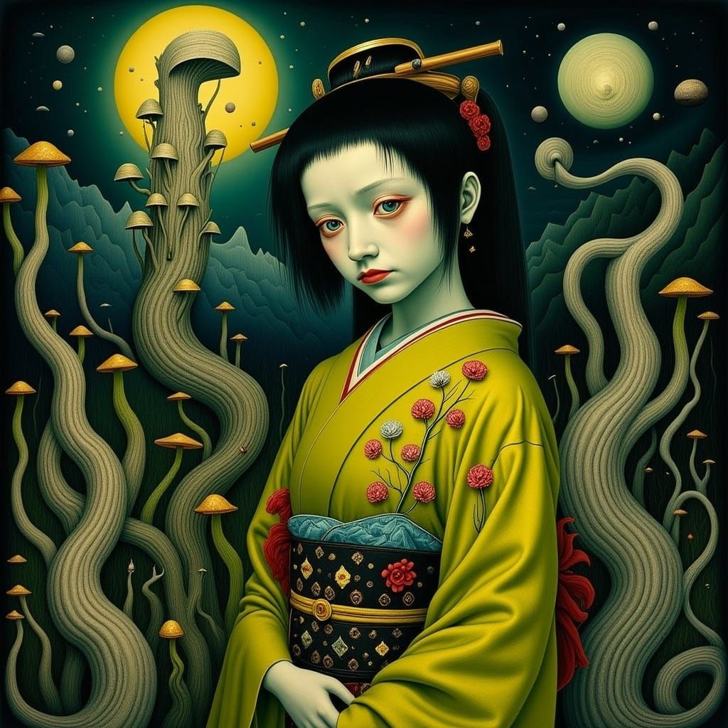 Surreal Chartreuse Geisha in Dark, Twisted Landscape