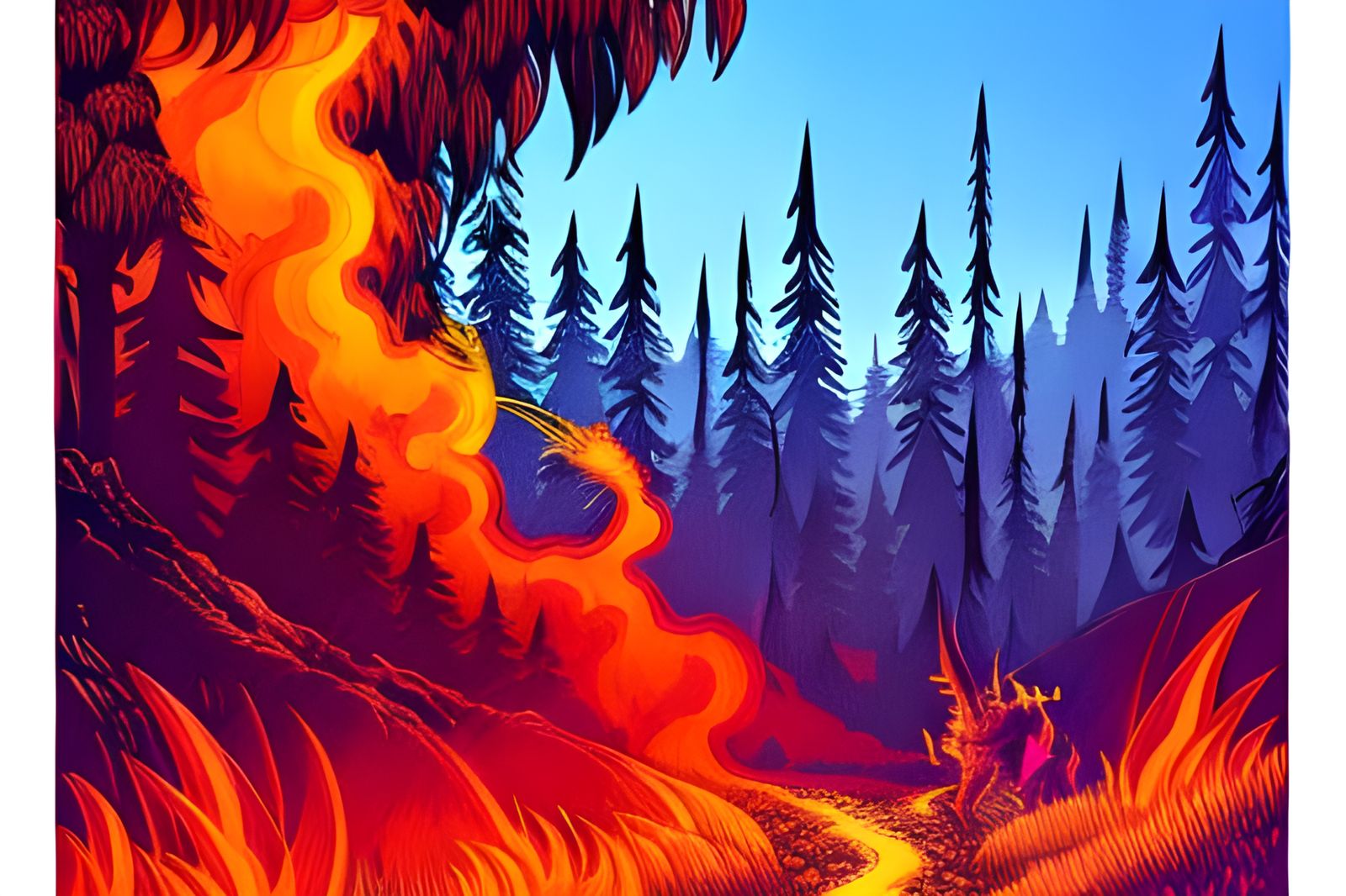 Burning Forest with Fire Wolf Ink Drawing