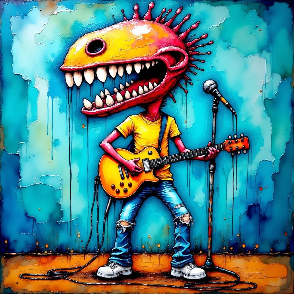 Abstract Rock Musician in Turquoise Blue Graffiti Style