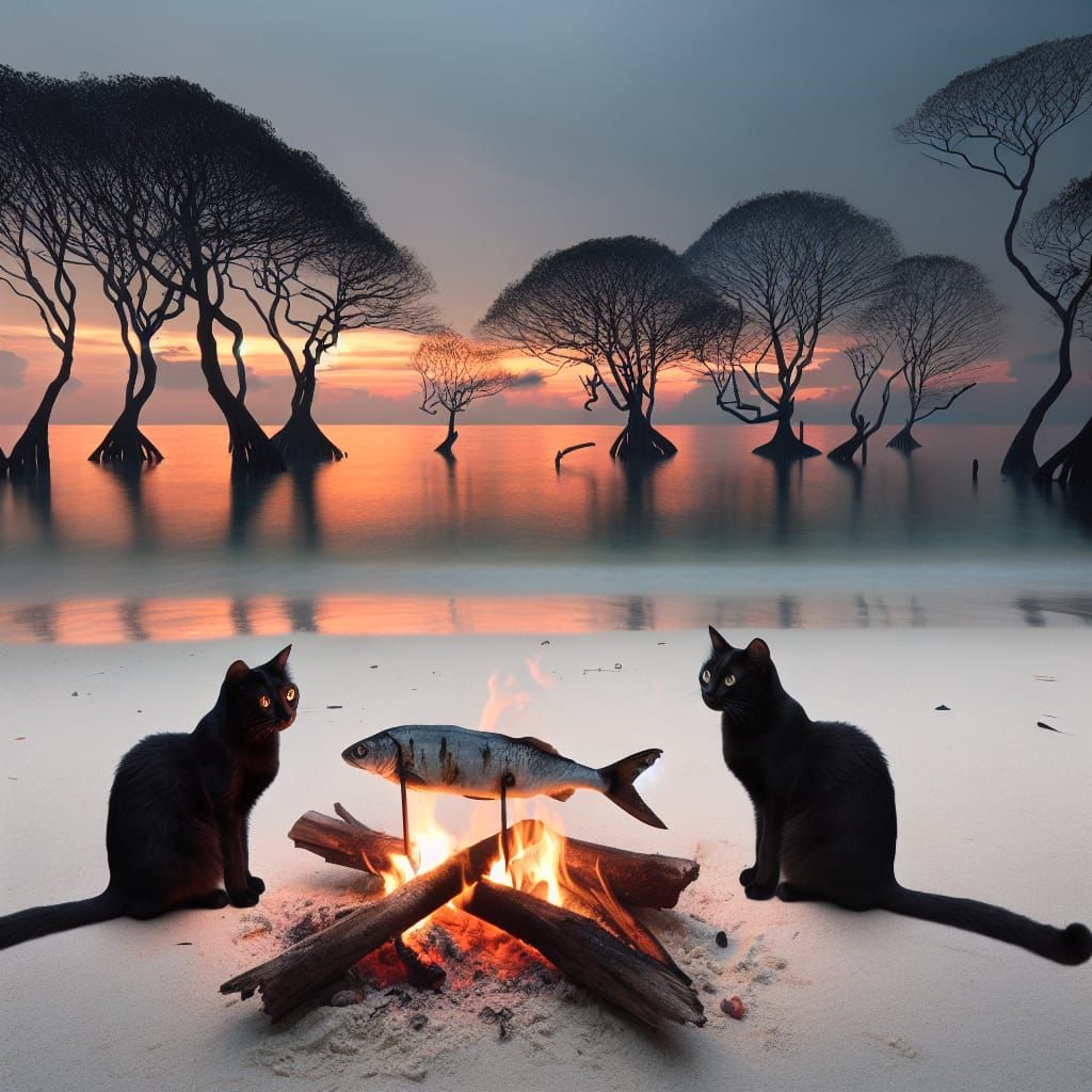 Cats Watching Sunset Bonfire on Alien Shore
