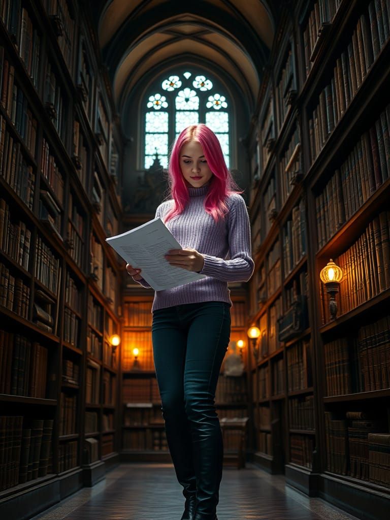 Gothic Goddess in the Heart of a Majestic Library