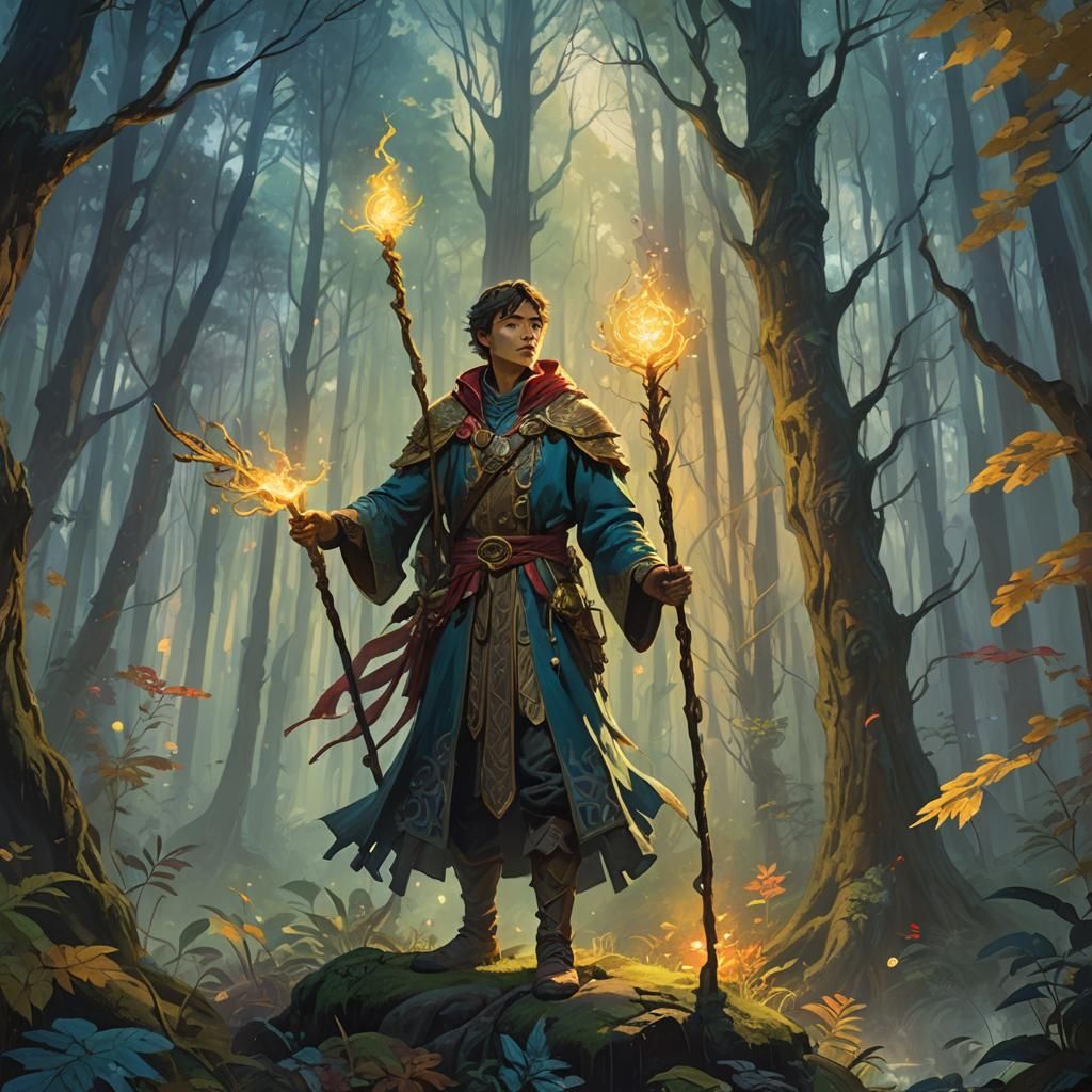 Quaoar as Human in Mystical Forest Oil Painting