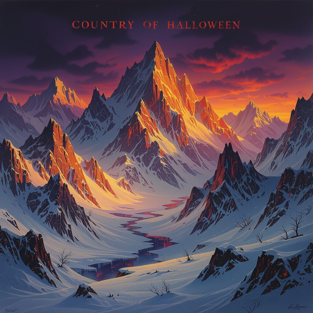 Surreal Fiery Snowscape in Ominous Purple Sky