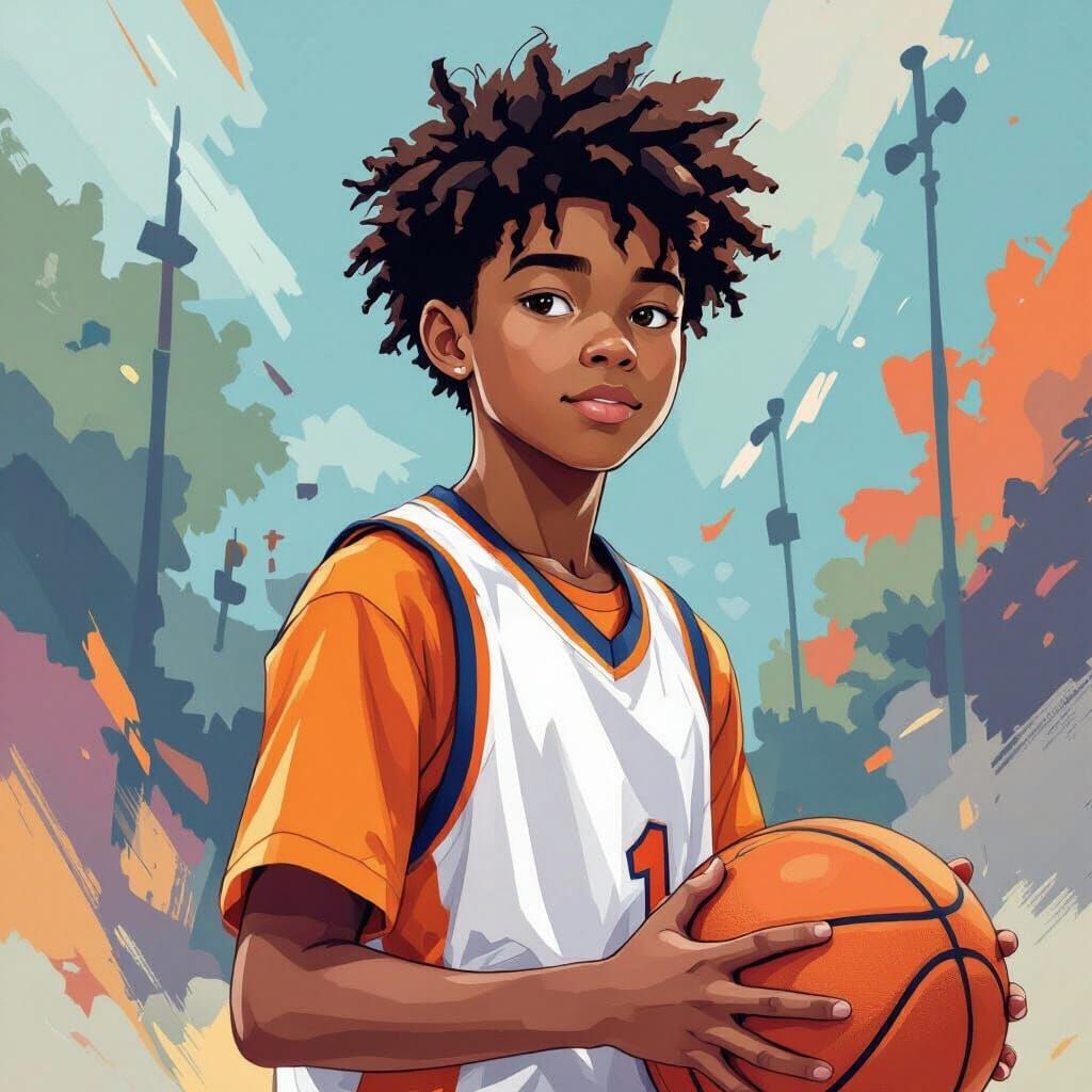 Dynamic Portrait of Boy with Basketball in Digital Art Style